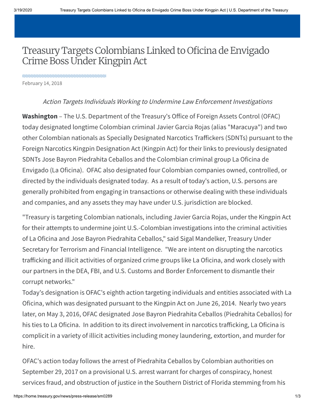 Treasury Targets Colombians Linked to Oficina De Envigado Crime Boss Under Kingpin Act | U.S