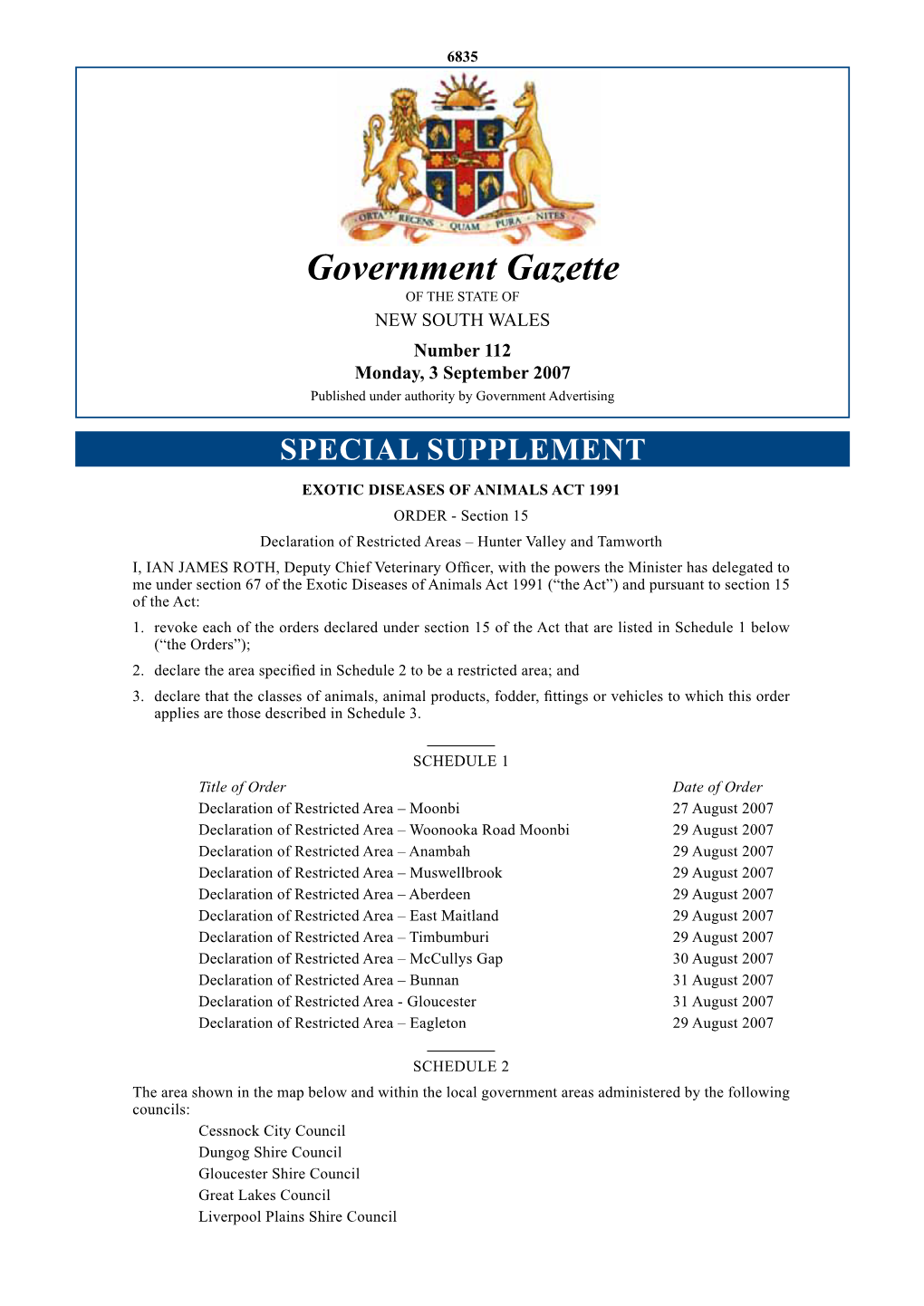 Government Gazette of the STATE of NEW SOUTH WALES Number 112 Monday, 3 September 2007 Published Under Authority by Government Advertising