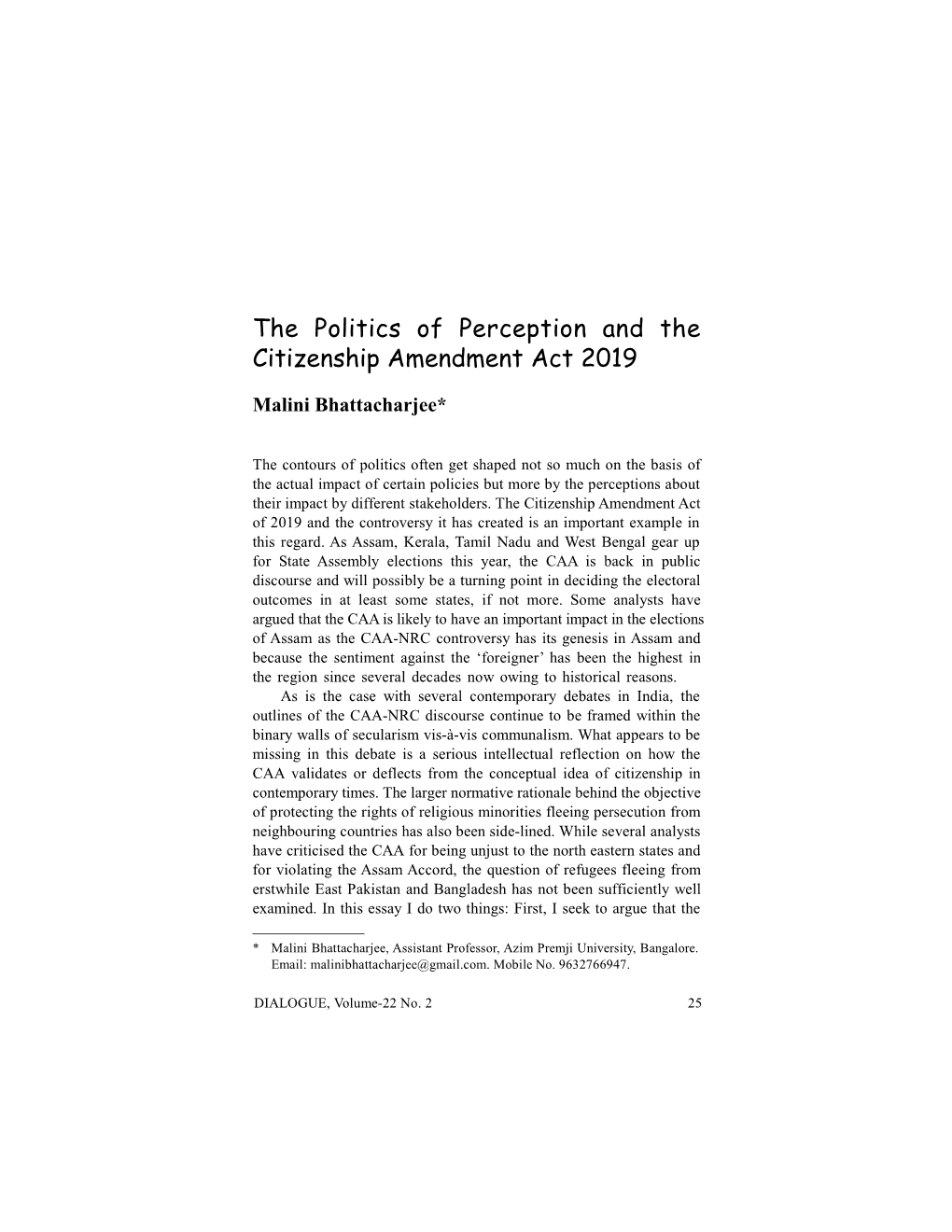 The Politics of Perception and the Citizenship Amendment Act 2019