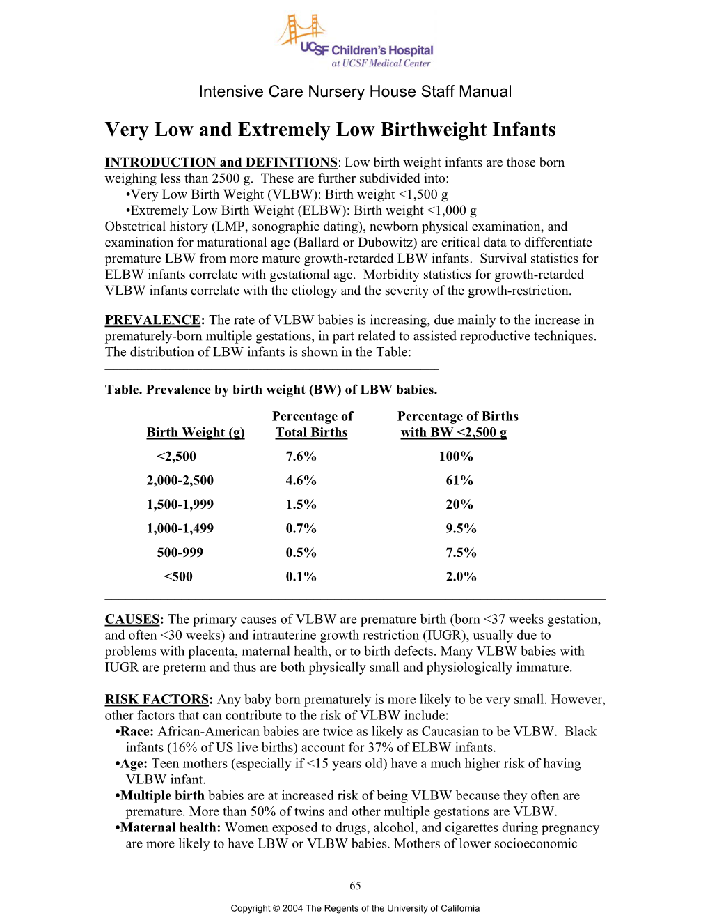 Very Low Birth Weight Infants