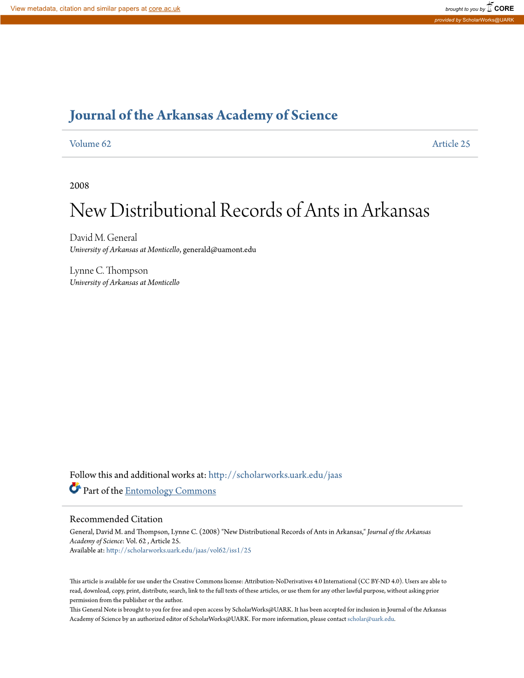 New Distributional Records of Ants in Arkansas David M