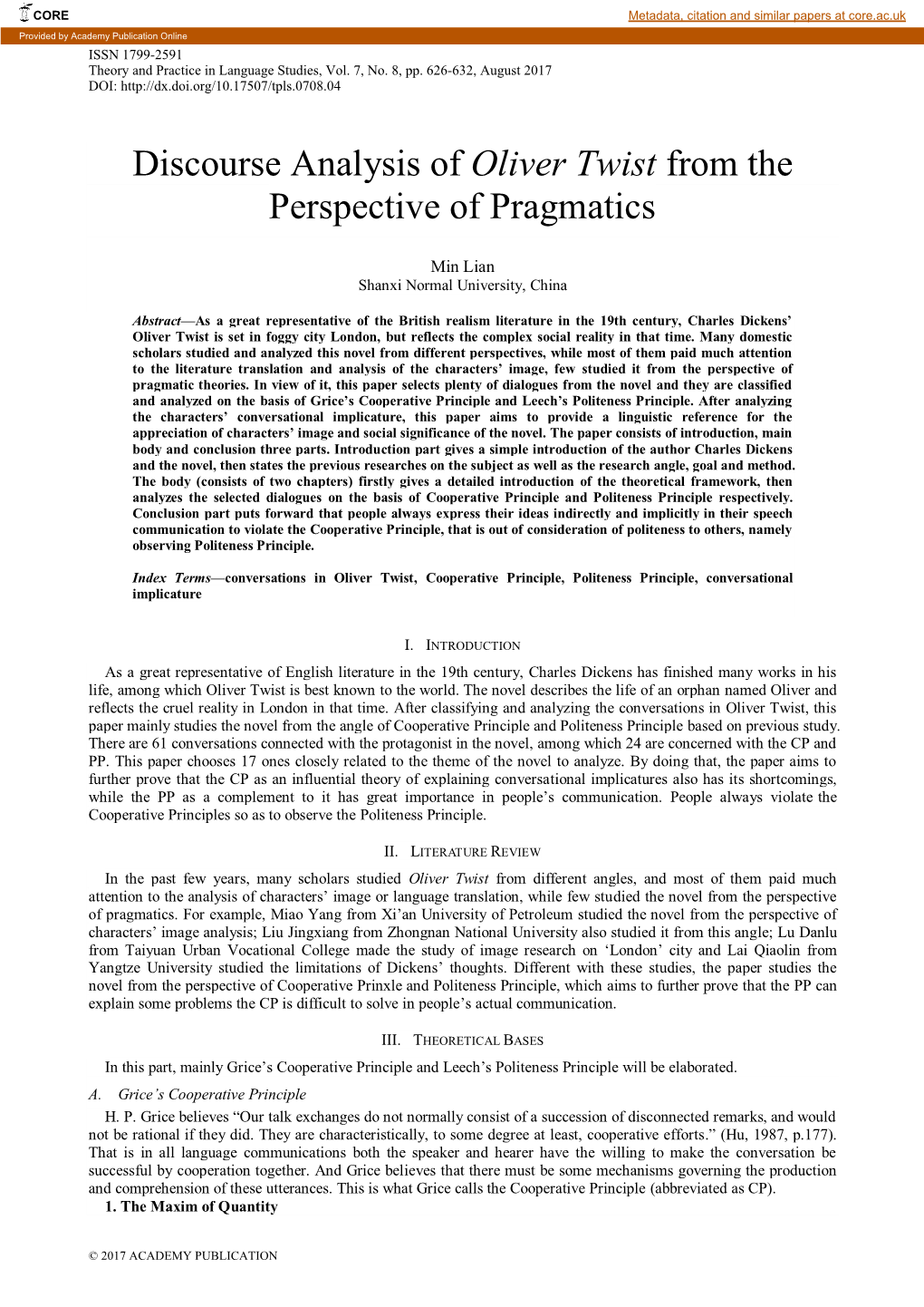 Discourse Analysis of Oliver Twist from the Perspective of Pragmatics