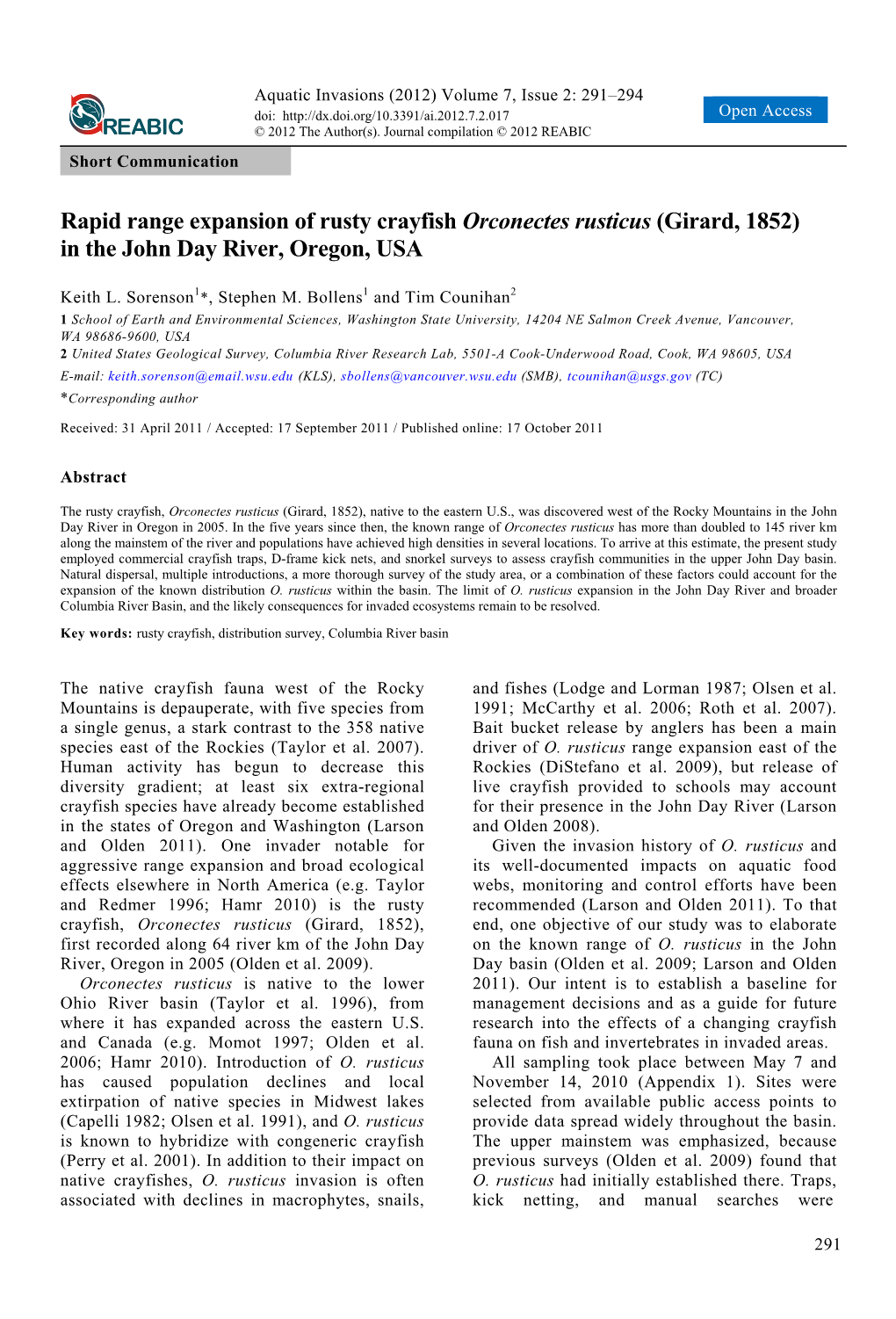 Rapid Range Expansion of Rusty Crayfish Orconectes Rusticus (Girard, 1852) in the John Day River, Oregon, USA