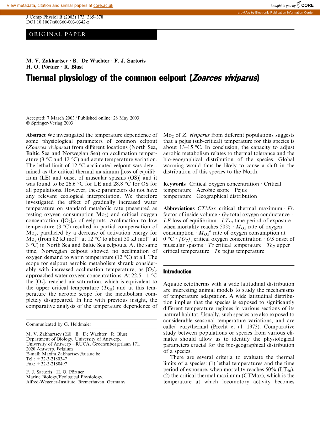 Thermal Physiology of the Common Eelpout (Zoarces Viviparus)