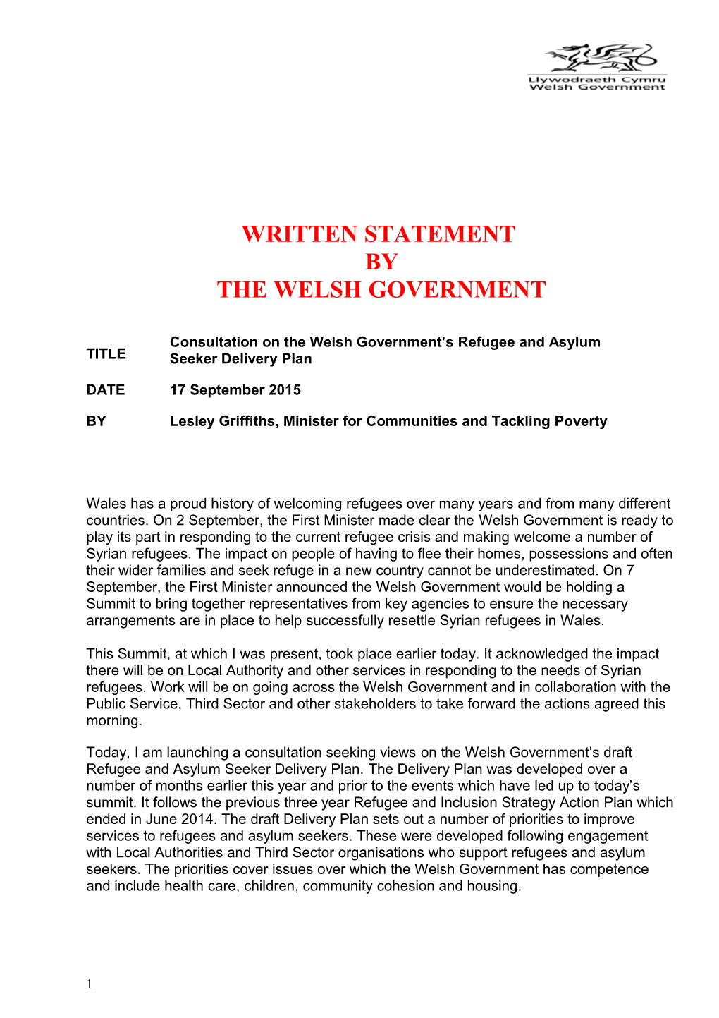 Consultation on the Welsh Government S Refugee and Asylum Seeker Delivery Plan