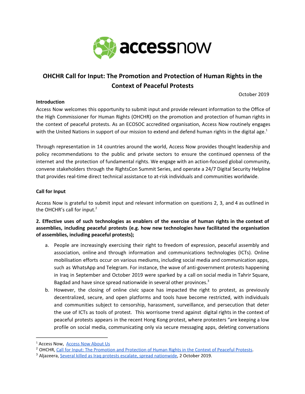 OHCHR Call for Input: the Promotion and Protection of Human Rights In