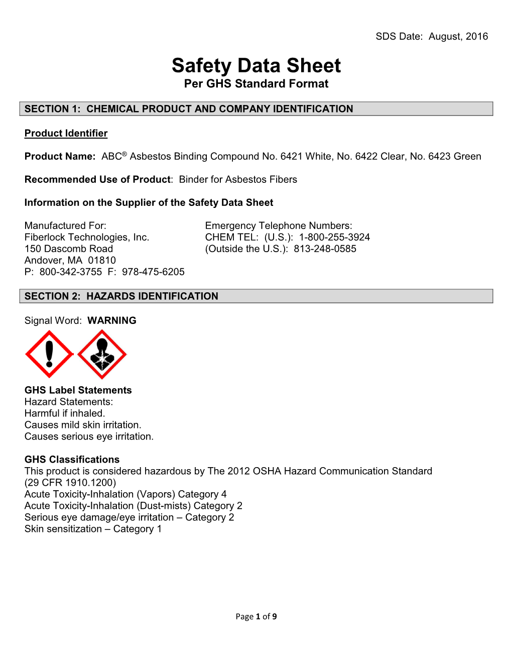 Safety Data Sheet Per GHS Standard Format