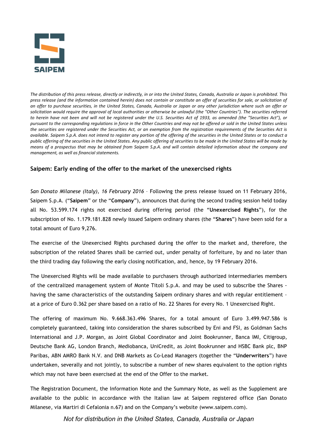 Saipem: Early Ending of the Offer to the Market of the Unexercised Rights