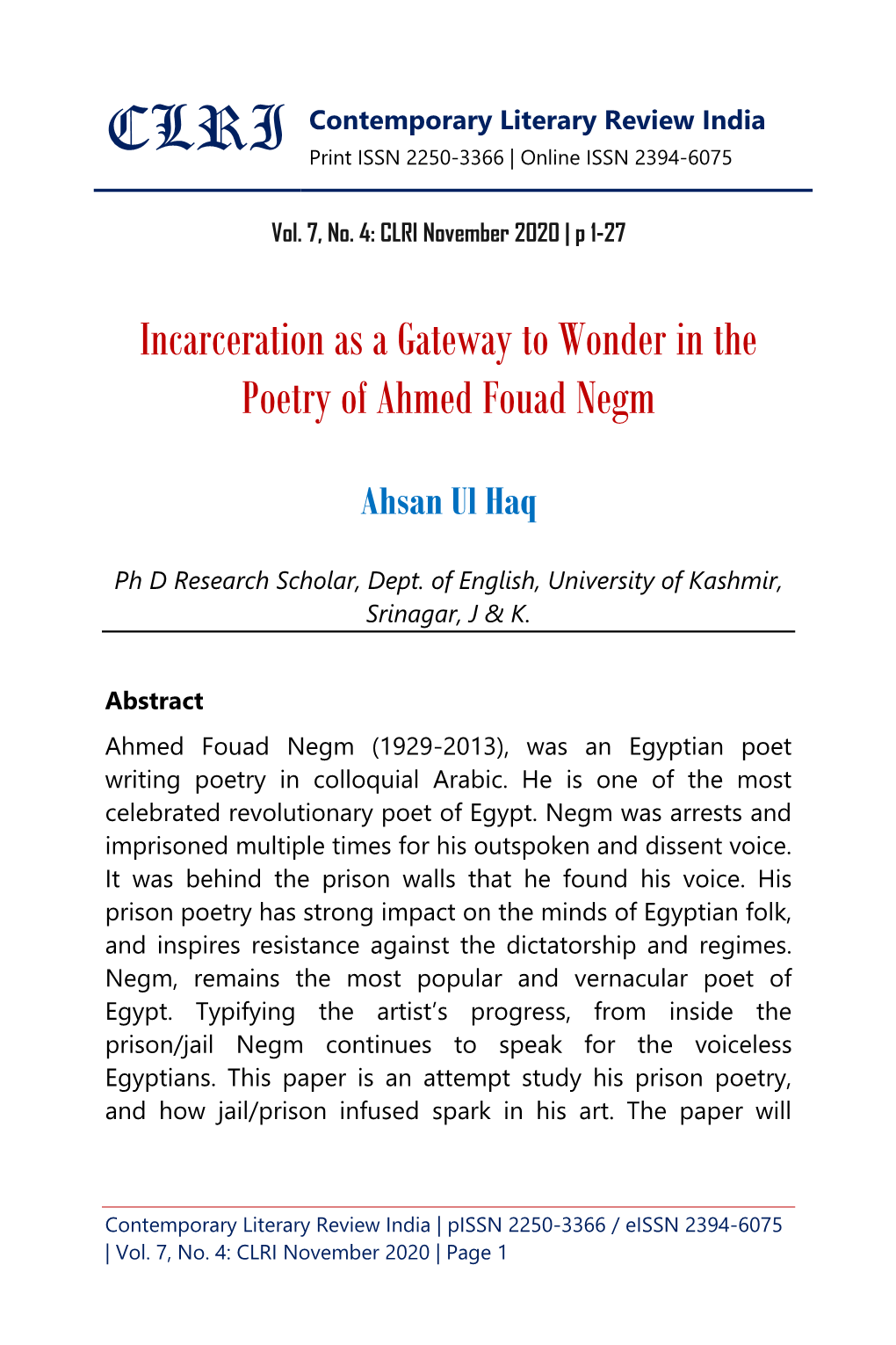 Incarceration As a Gateway to Wonder in the Poetry of Ahmed Fouad Negm