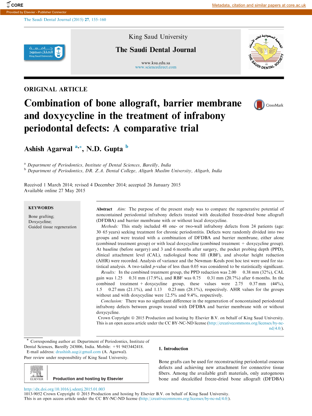 Combination of Bone Allograft, Barrier Membrane and Doxycycline in the Treatment of Infrabony Periodontal Defects: a Comparative Trial
