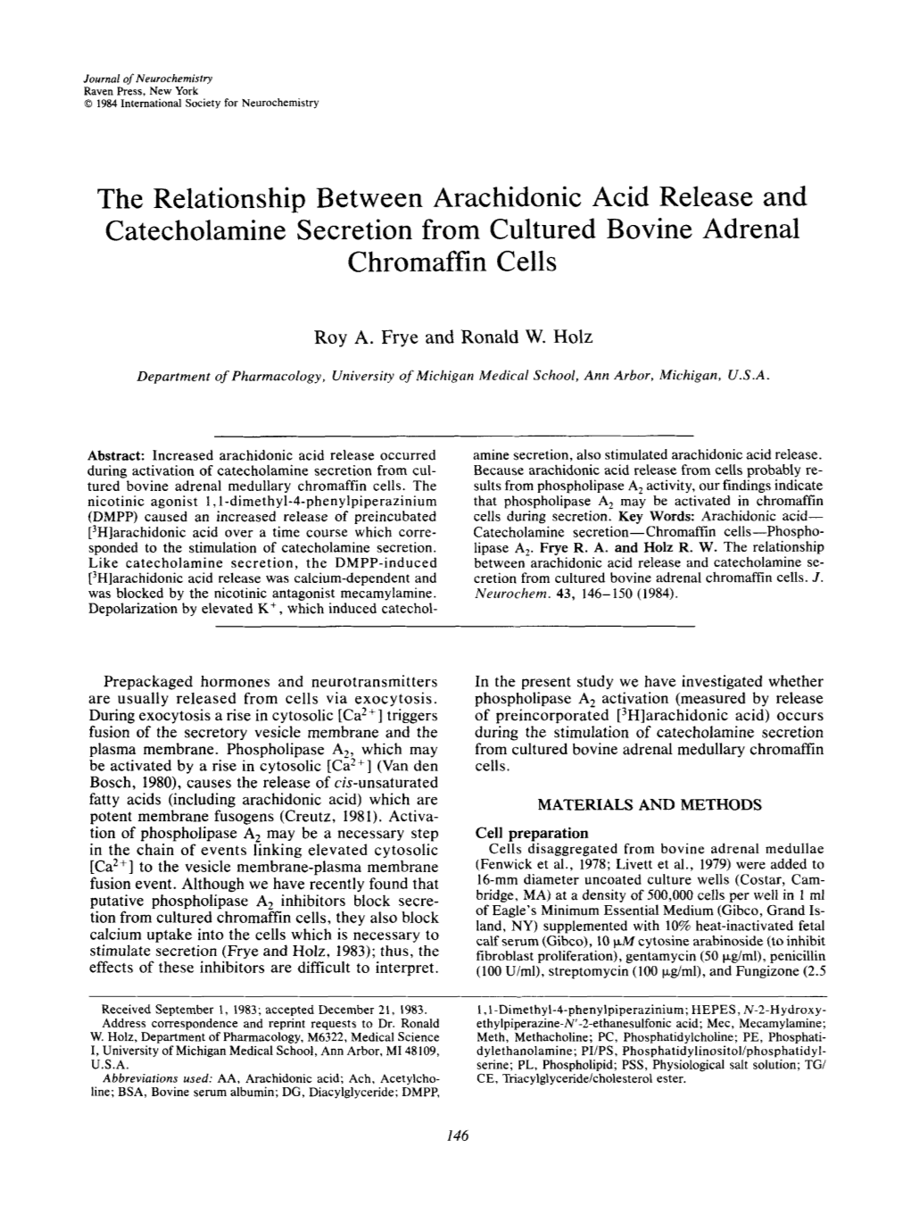 The Relationship Between Arachidonic Acid Release and Catecholamine Secretion from Cultured Bovine Adrenal Chromaffin Cells