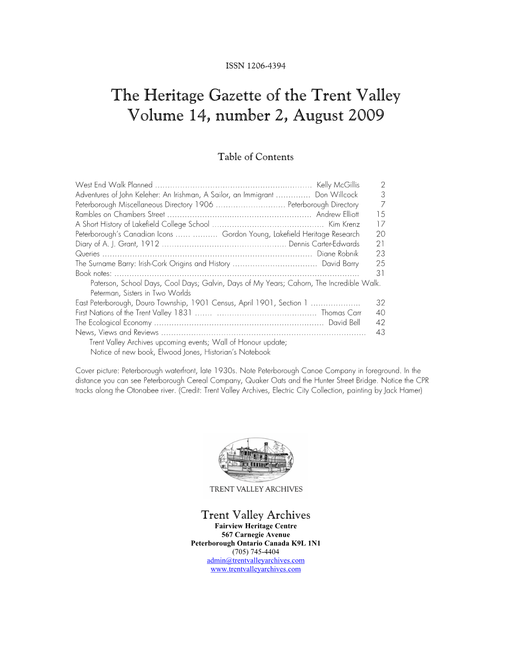 The Heritage Gazette of the Trent Valley Volume 14, Number 2, August 2009