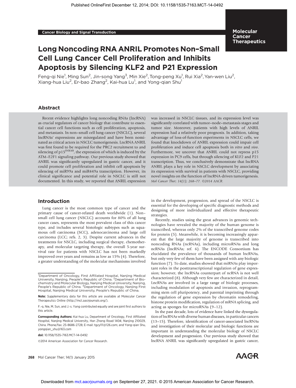 Long Noncoding RNA ANRIL Promotes Non–Small Cell Lung