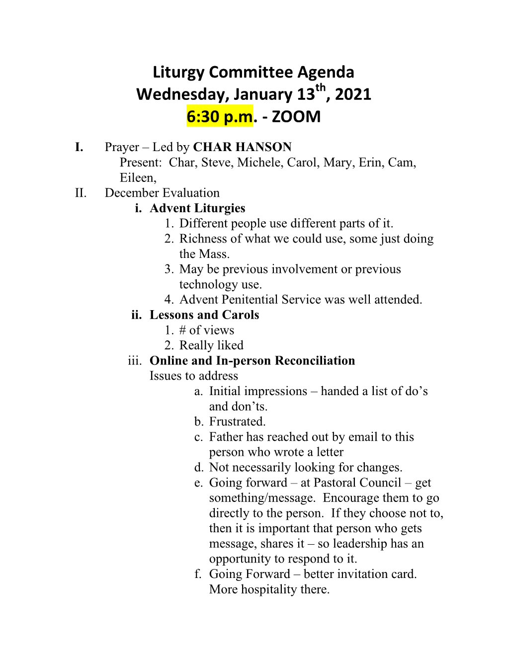 Liturgy Committee Agenda Wednesday, January 13 , 2021 6