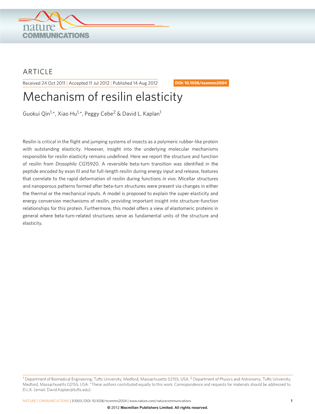 Mechanism of Resilin Elasticity