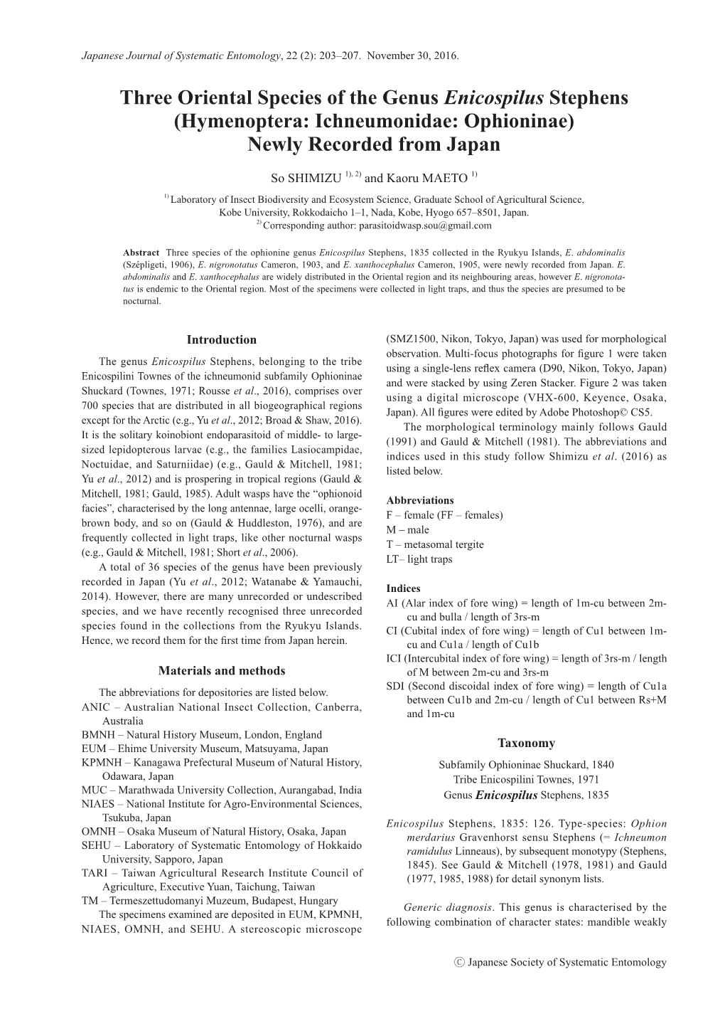 Hymenoptera: Ichneumonidae: Ophioninae) Newly Recorded from Japan