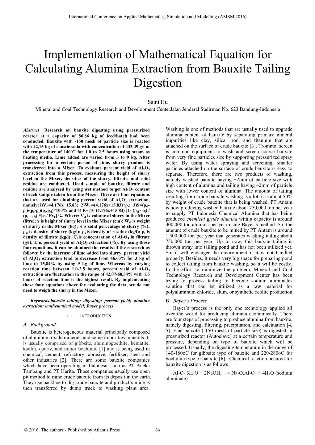 Implementation of Mathematical Equation for Calculating Alumina Extraction from Bauxite Tailing Digestion