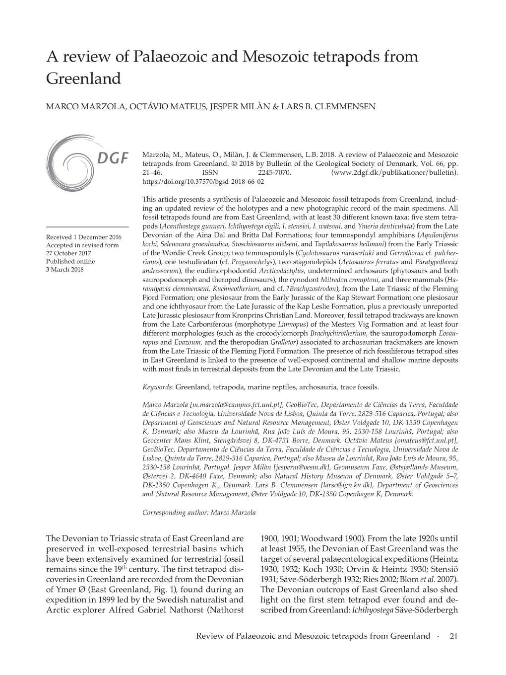 A Review of Palaeozoic and Mesozoic Tetrapods from Greenland