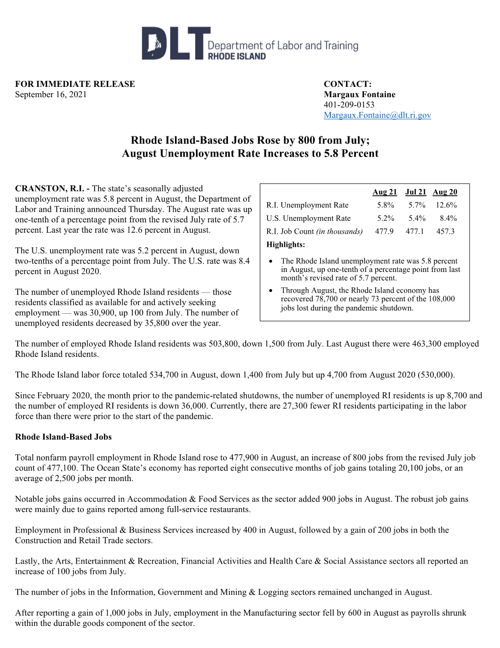 July Unemployment Rate Decreases to 5.8 Percent