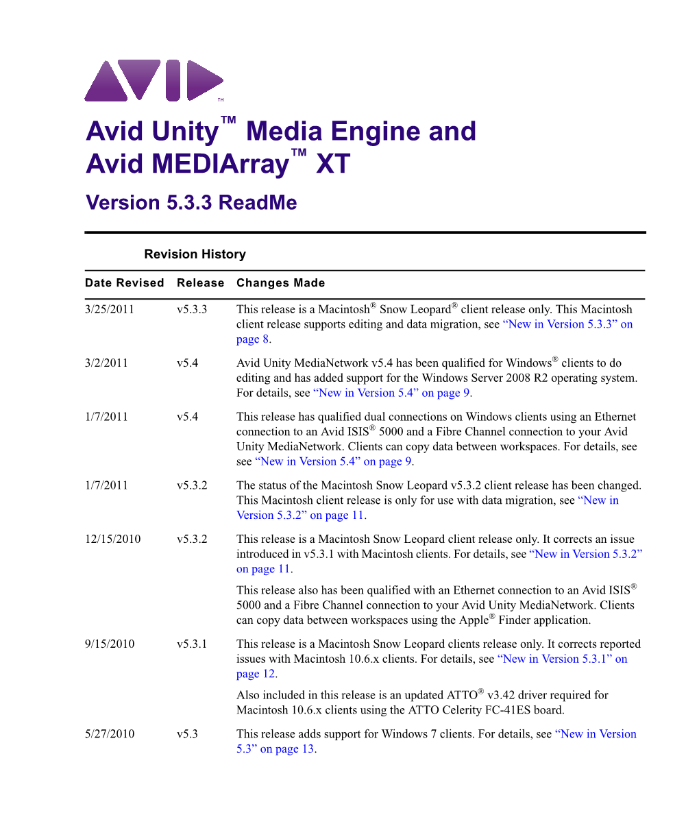 Avid Unity Media Engine and Avid Mediarray XT V5.3.3 Readme