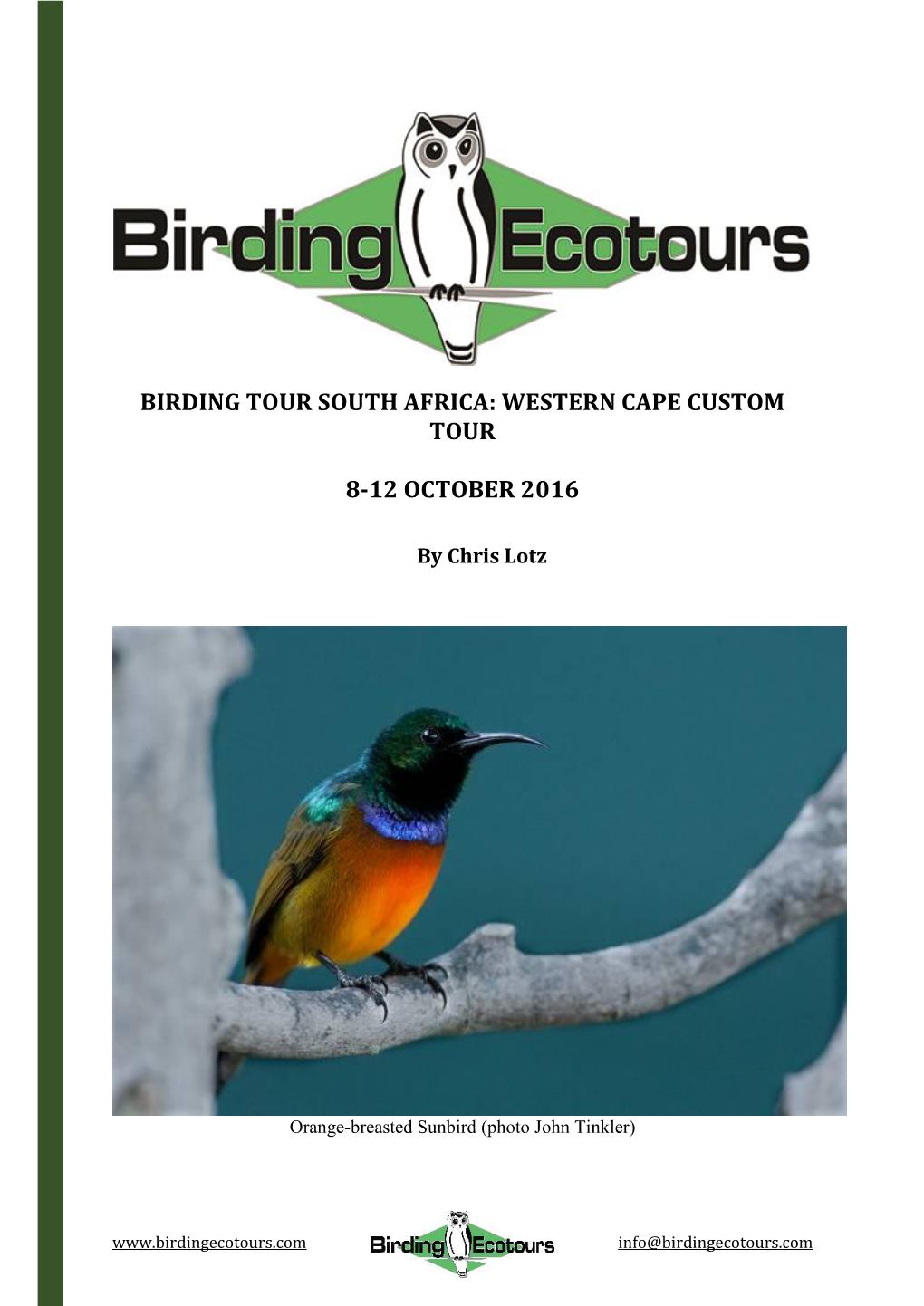 Birding Tour South Africa: Western Cape Custom Tour