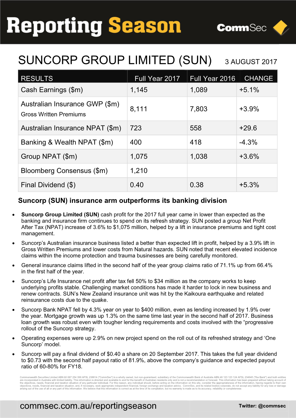 Suncorp Group Limited (Sun) 3 August 2017