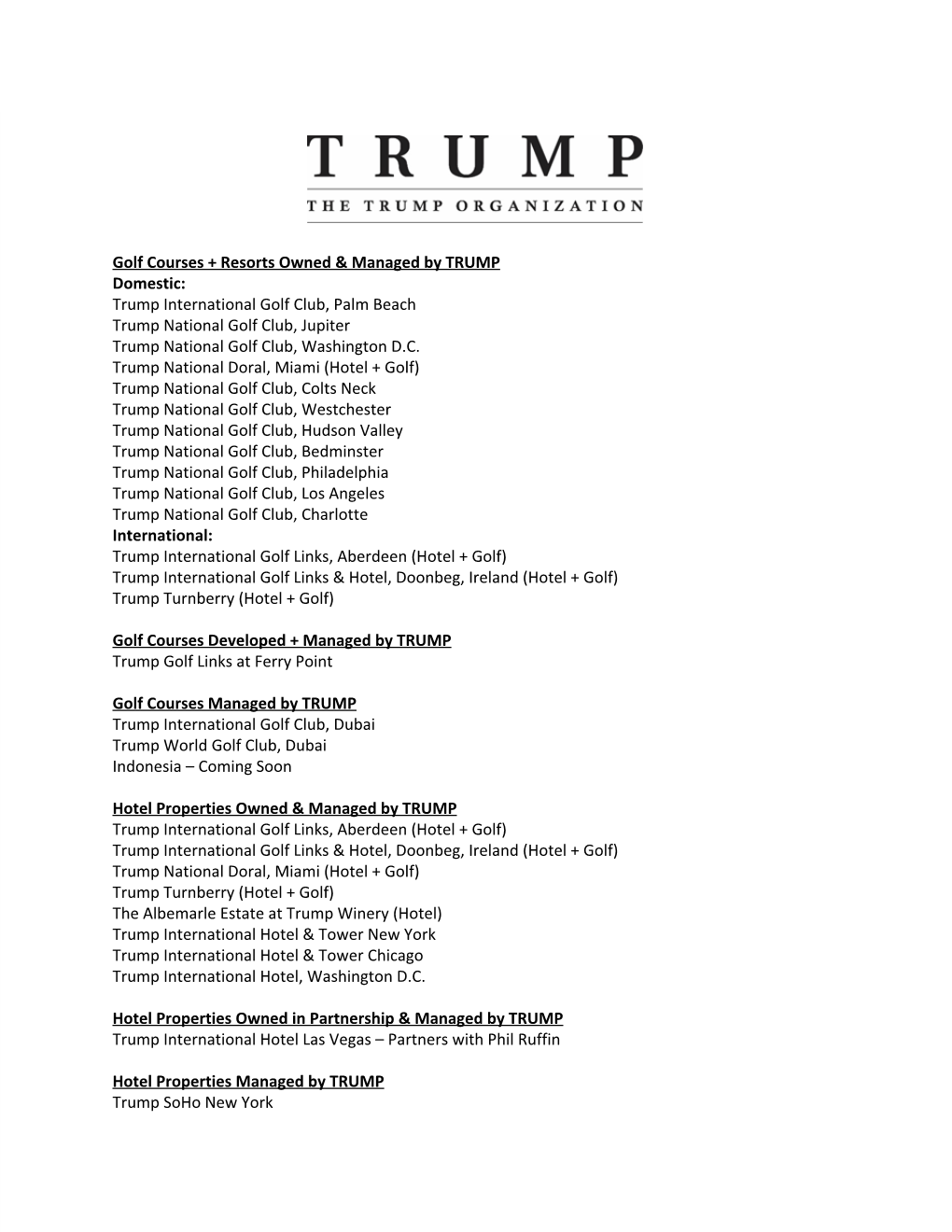 Golf Courses + Resorts Owned & Managed by TRUMP Domestic