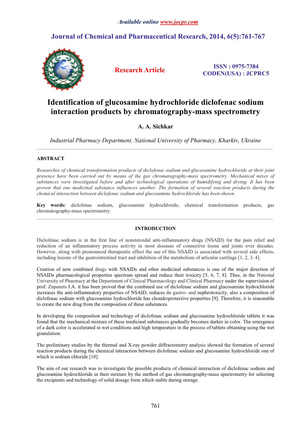 Identification of Glucosamine Hydrochloride Diclofenac Sodium Interaction Products by Chromatography-Mass Spectrometry