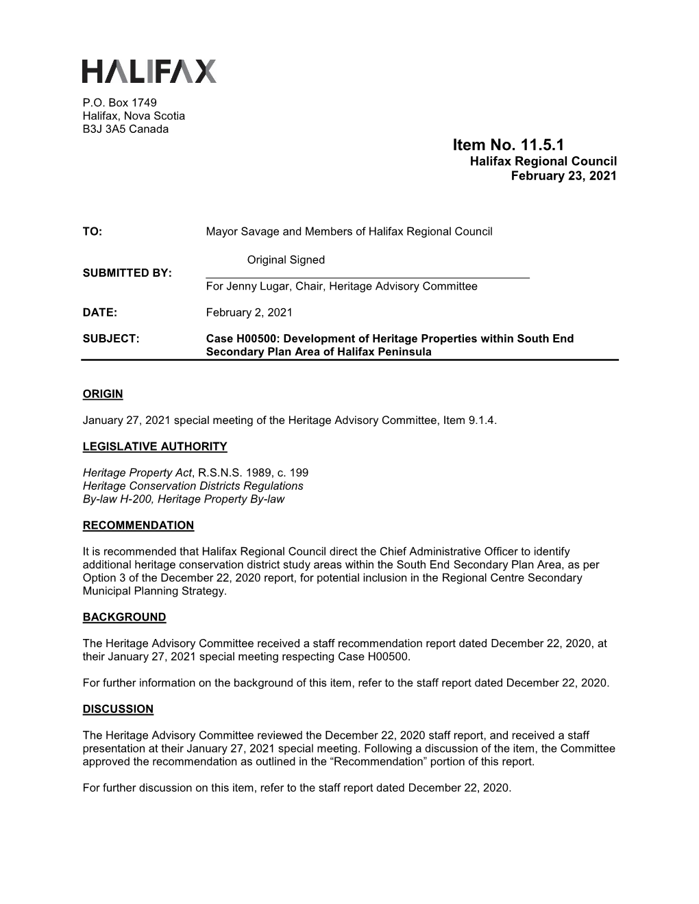 Development of Heritage Properties Within South End Secondary Plan Area of Halifax Peninsula