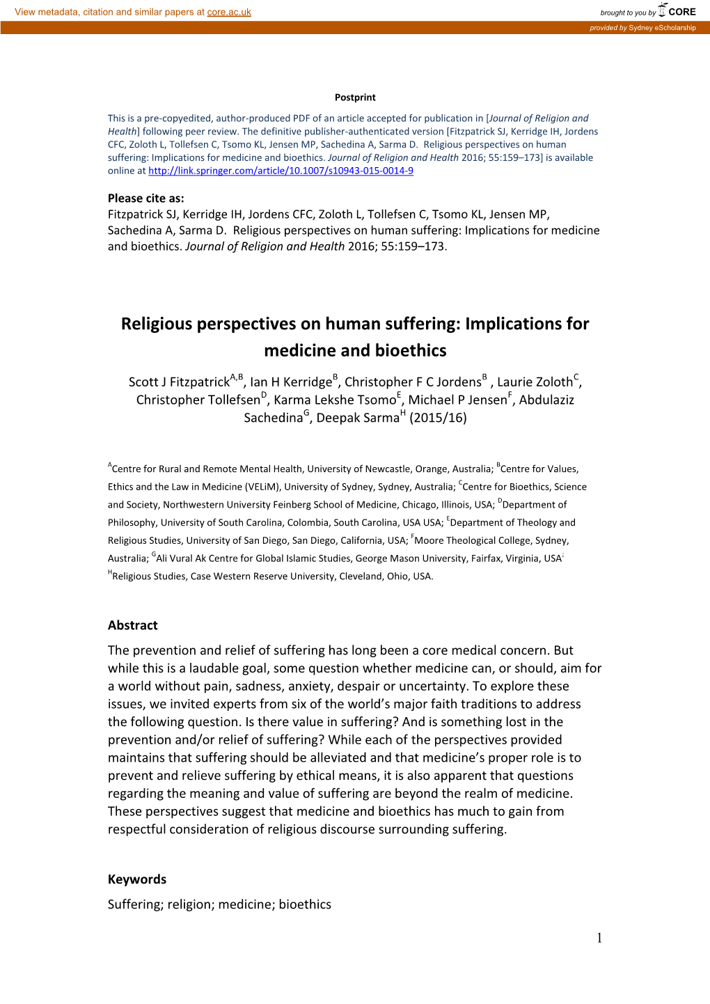 Religious Perspectives on Human Suffering: Implications for Medicine and Bioethics