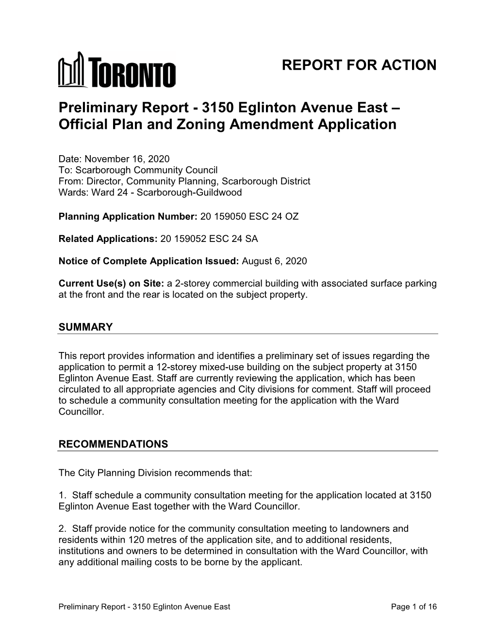 Preliminary Report - 3150 Eglinton Avenue East – Official Plan and Zoning Amendment Application