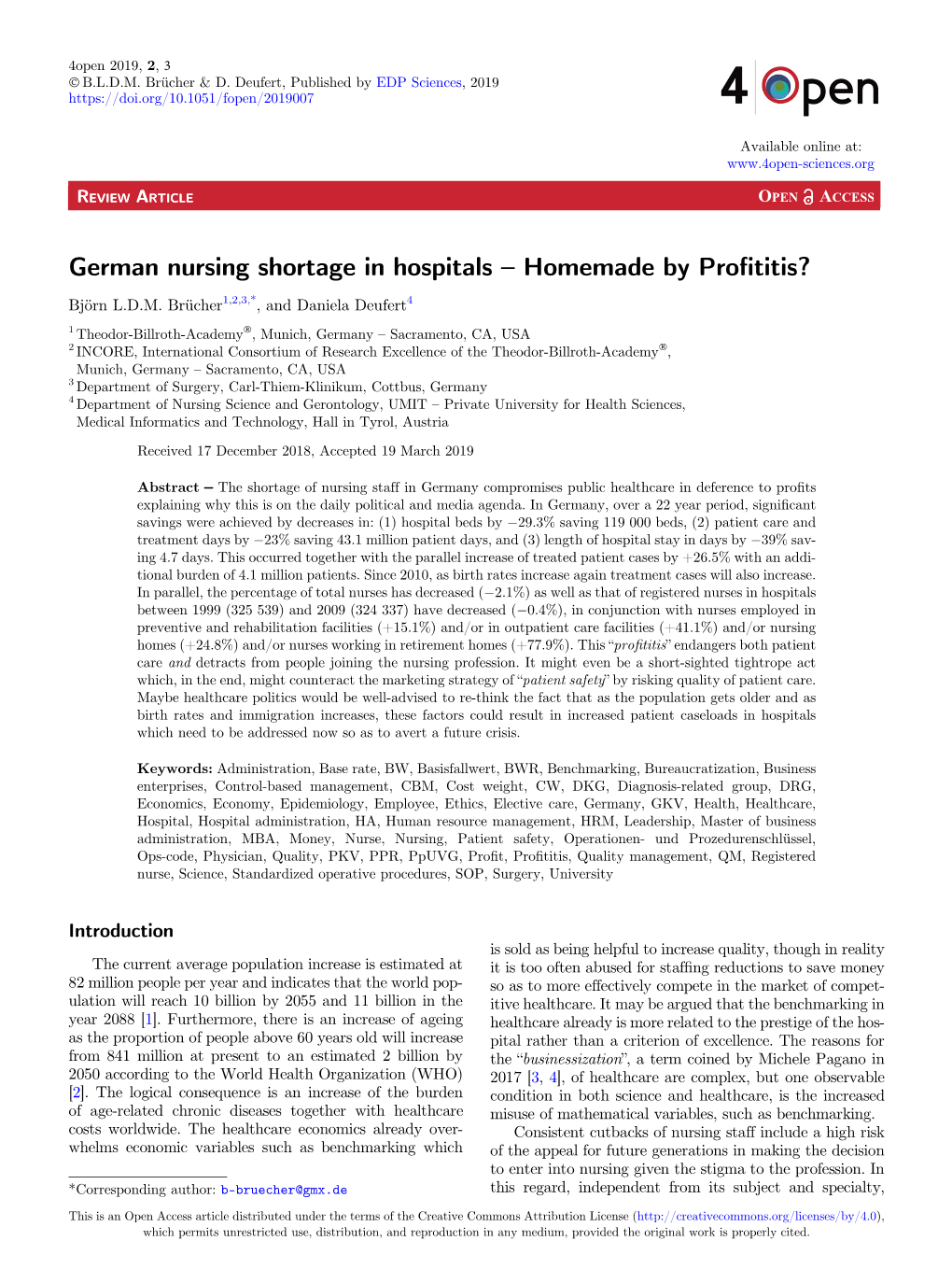 German Nursing Shortage in Hospitals – Homemade by Profititis? 4Open, 2, 3