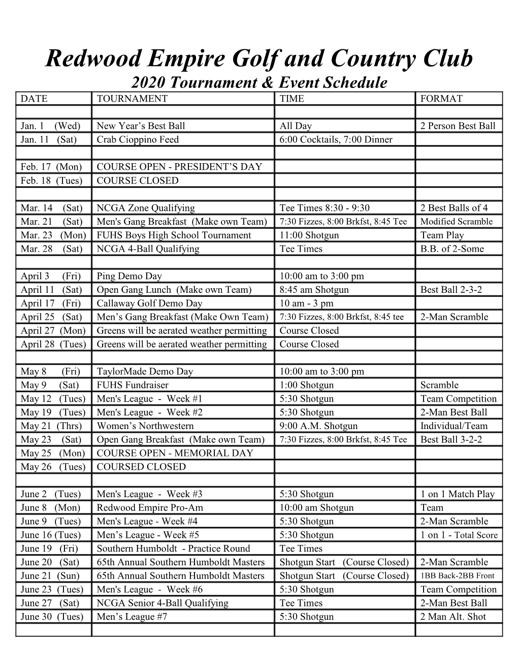 C:\Myfiles\2020 Tournament Schedule.Wpd