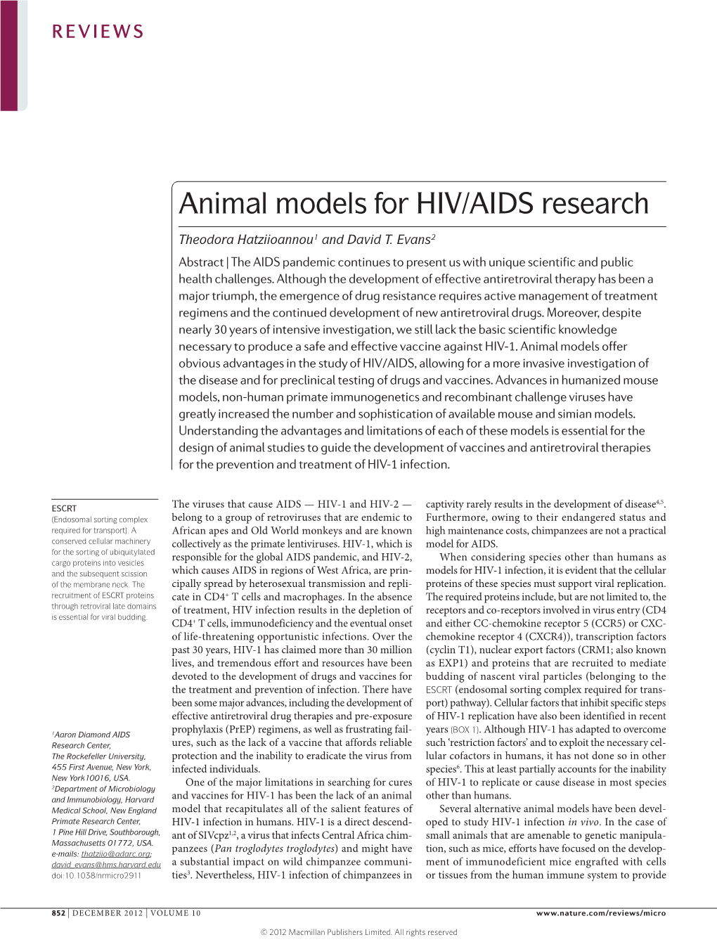 Animal Models for HIV/AIDS Research