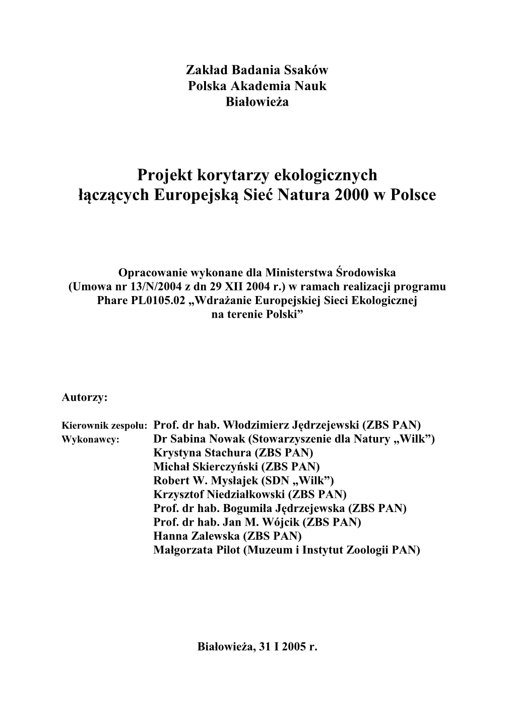 Projekt Korytarzy Ekologicznych Łączących Europejską Sieć Natura 2000 W Polsce