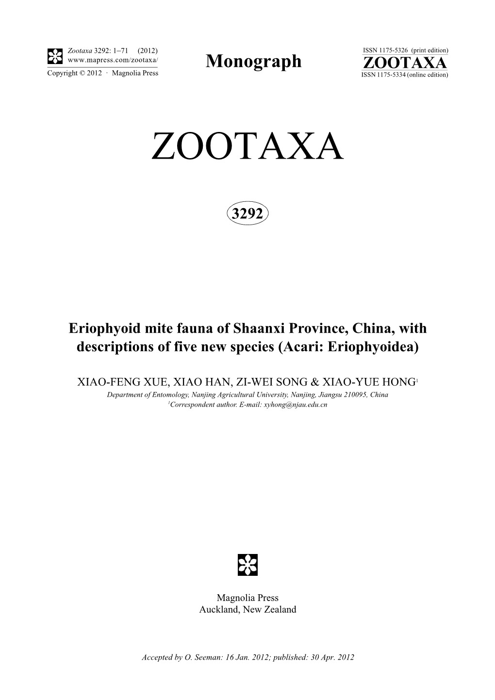 Eriophyoid Mite Fauna of Shaanxi Province, China, with Descriptions of Five New Species (Acari: Eriophyoidea)