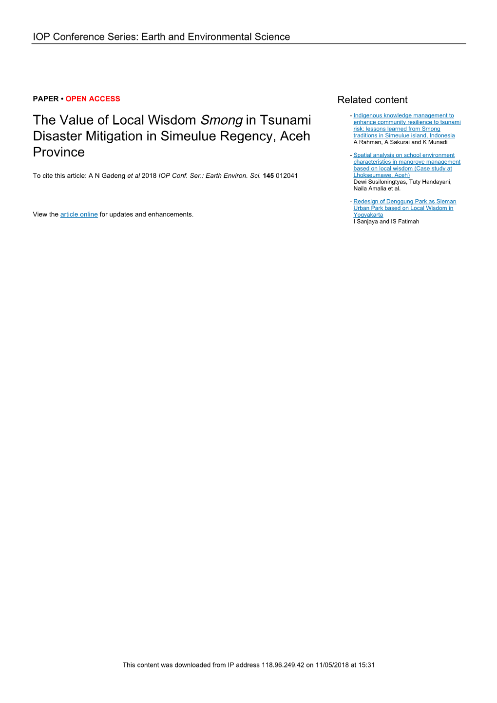 The Value of Local Wisdom Smong in Tsunami Disaster Mitigation in Simeulue Regency, Aceh Province