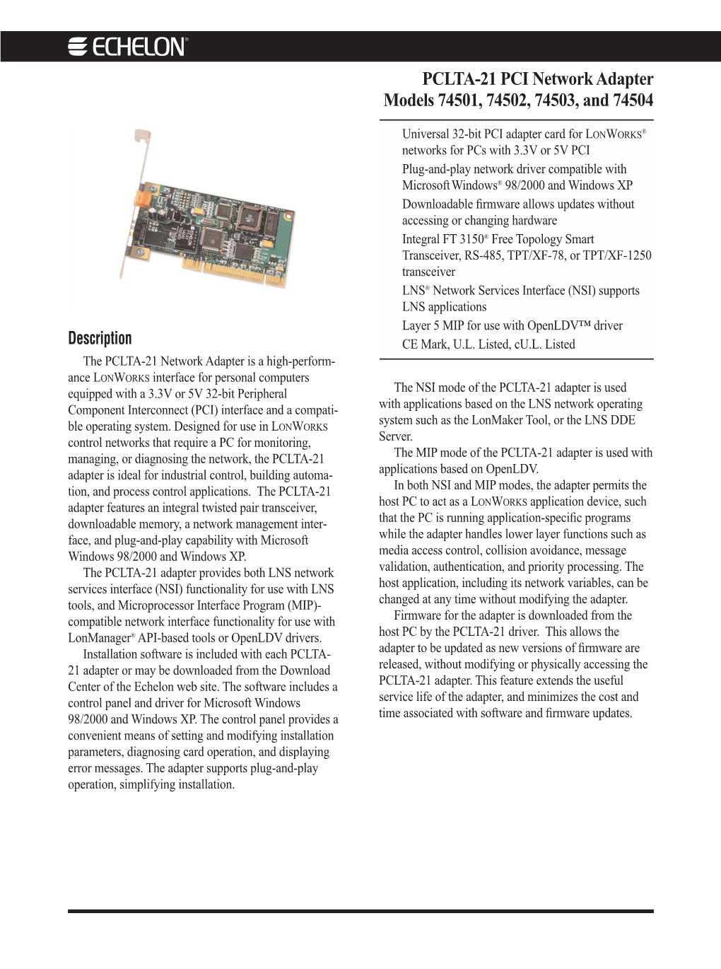 PCLTA-21 PCI Network Adapter Models 74501, 74502, 74503, and 74504