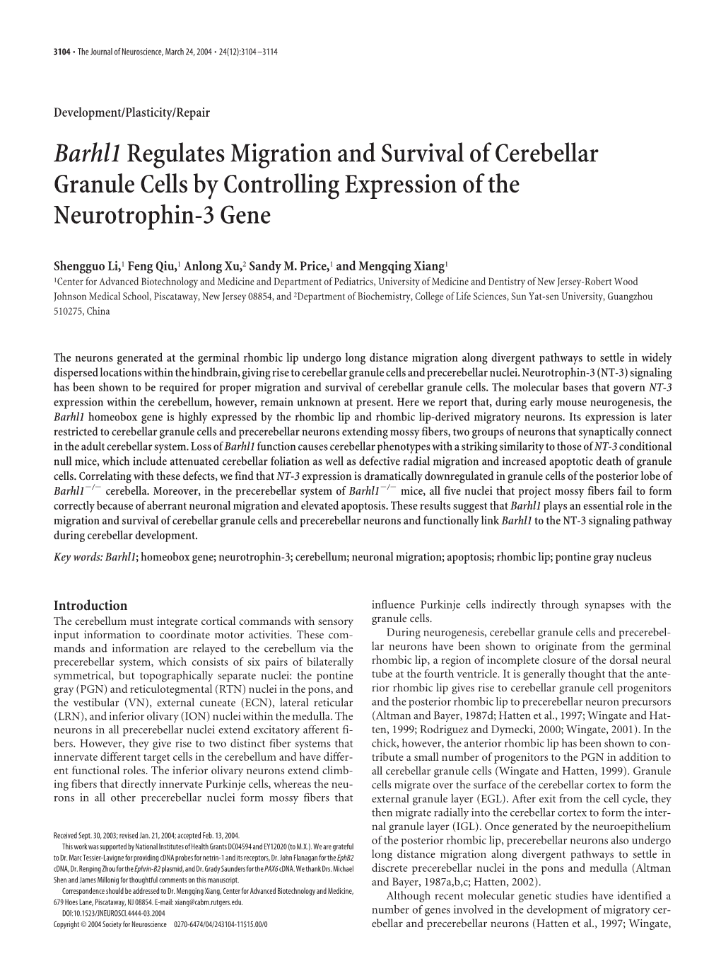Barhl1regulates Migration and Survival of Cerebellar Granule
