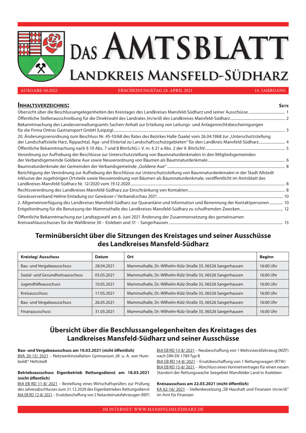 Terminübersicht Über Die Sitzungen Des Kreistages Und Seiner Ausschüsse Des Landkreises Mansfeld-Südharz