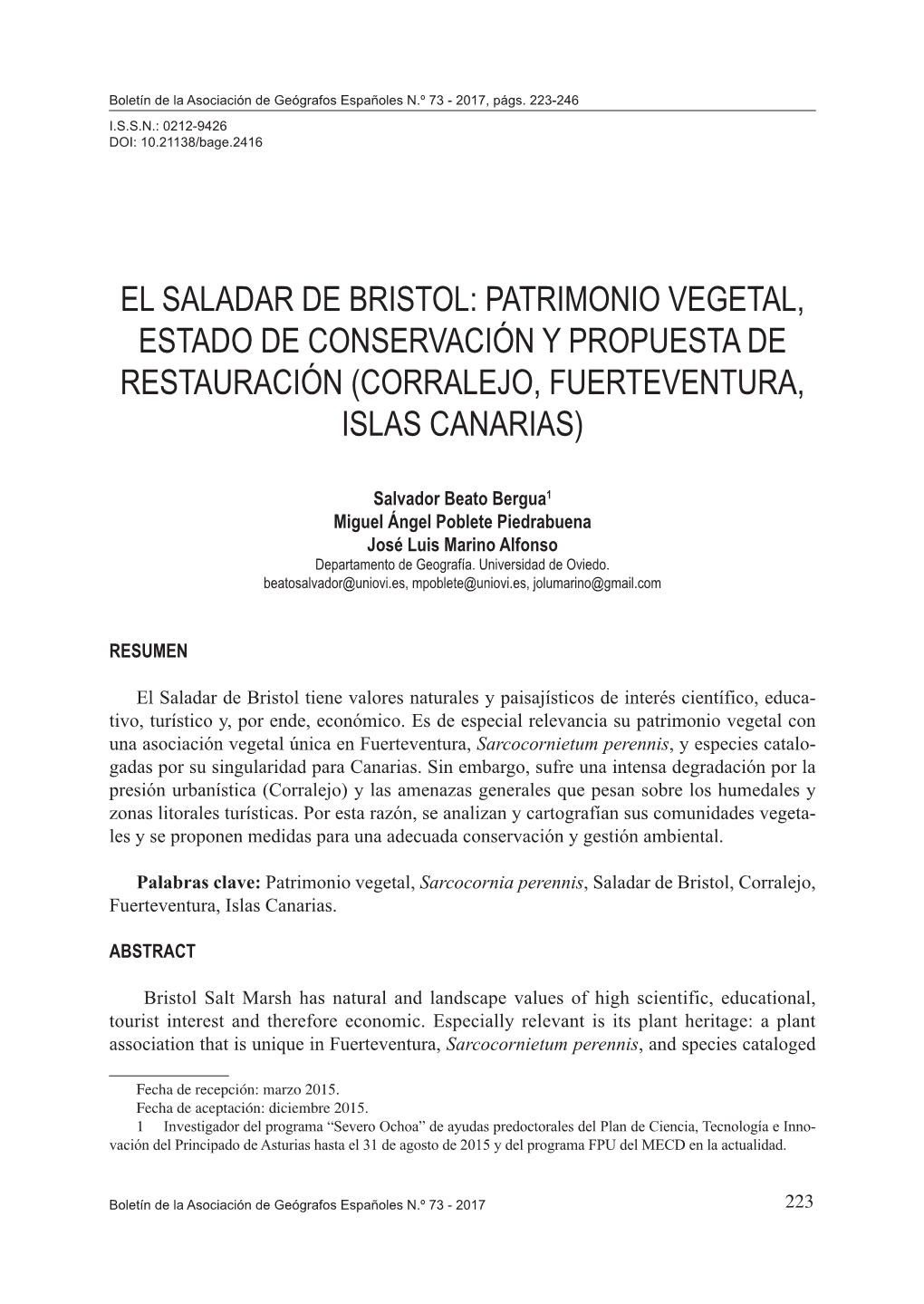 El Saladar De Bristol: Patrimonio Vegetal, Estado De Conservación Y Propuesta De Restauración (Corralejo, Fuerteventura, Islas Canarias)