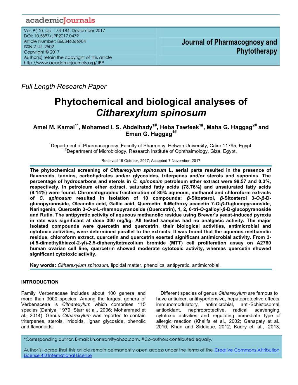 Phytochemical and Biological Analyses of Citharexylum Spinosum