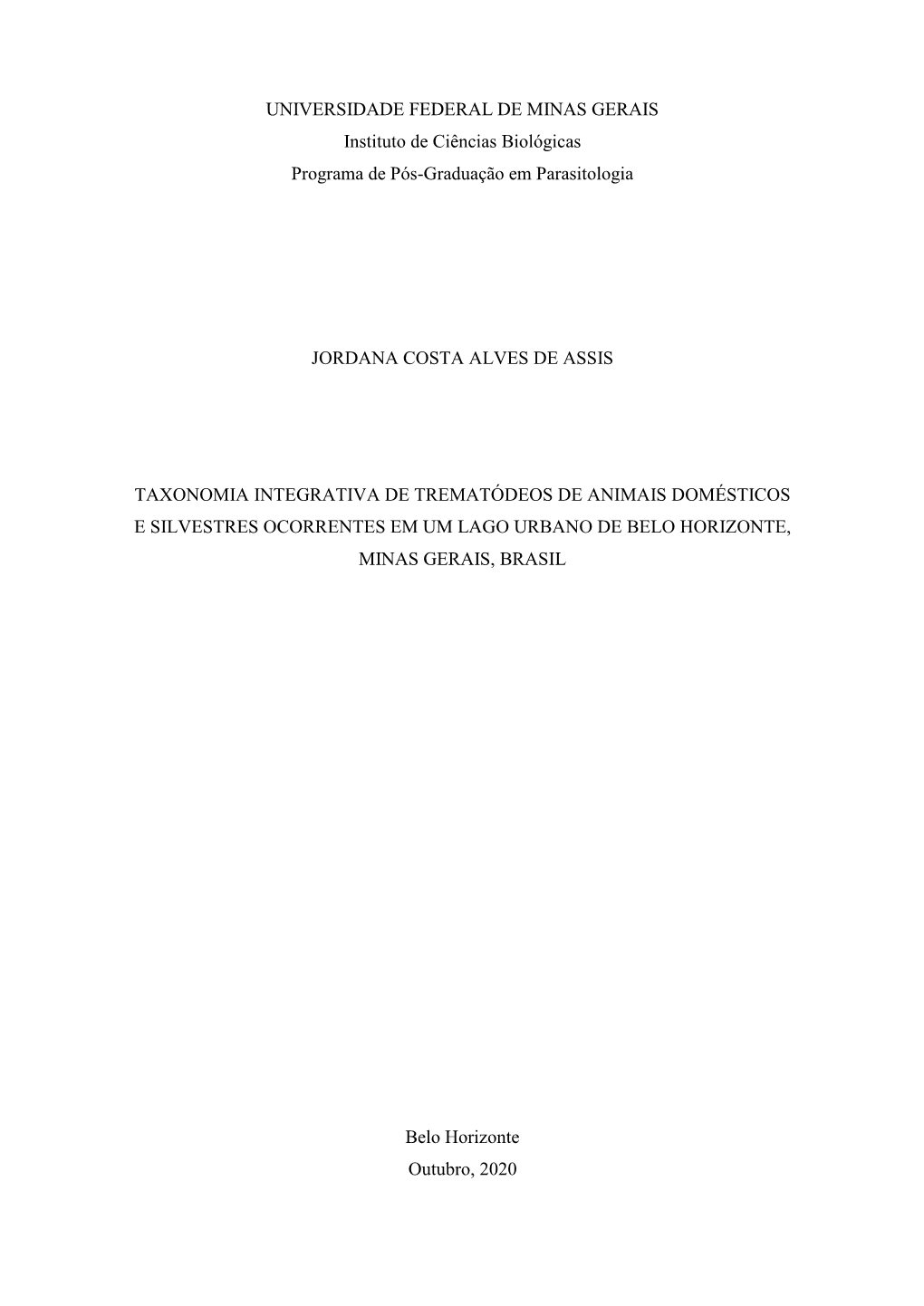 UNIVERSIDADE FEDERAL DE MINAS GERAIS Instituto De Ciências Biológicas Programa De Pós-Graduação Em Parasitologia