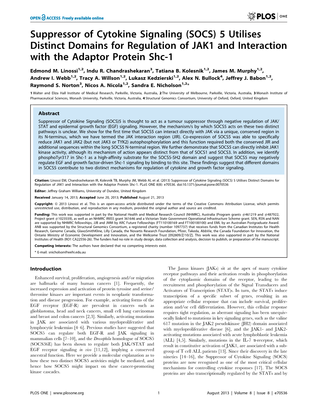 Suppressor of Cytokine Signaling (SOCS) 5 Utilises Distinct Domains for Regulation of JAK1 and Interaction with the Adaptor Protein Shc-1