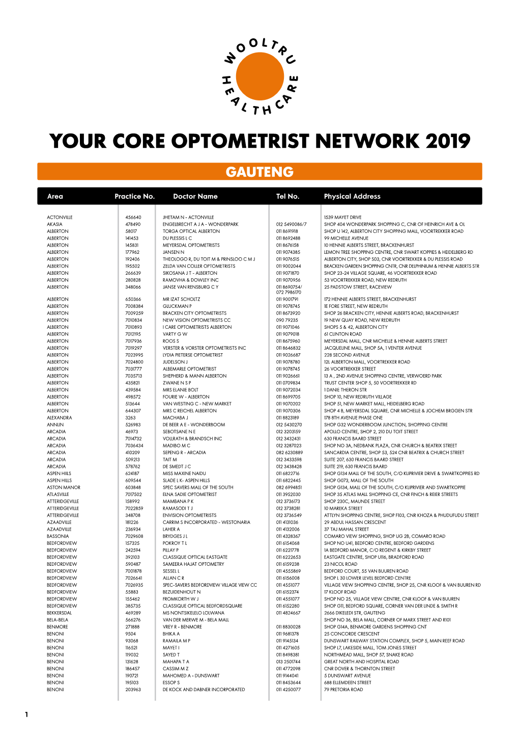 Your Core Optometrist Network 2019 Gauteng