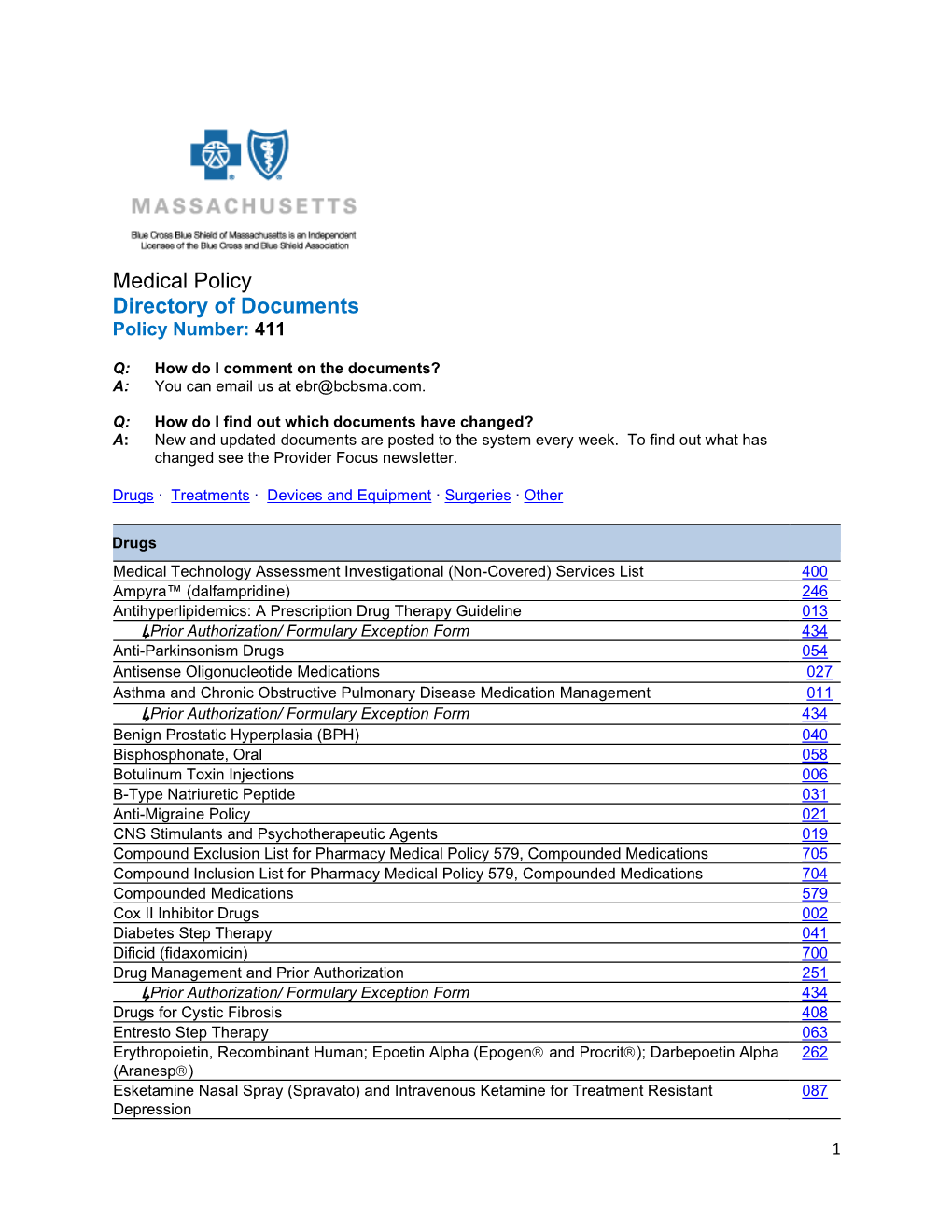 Medical Policy Directory of Documents Policy Number: 411