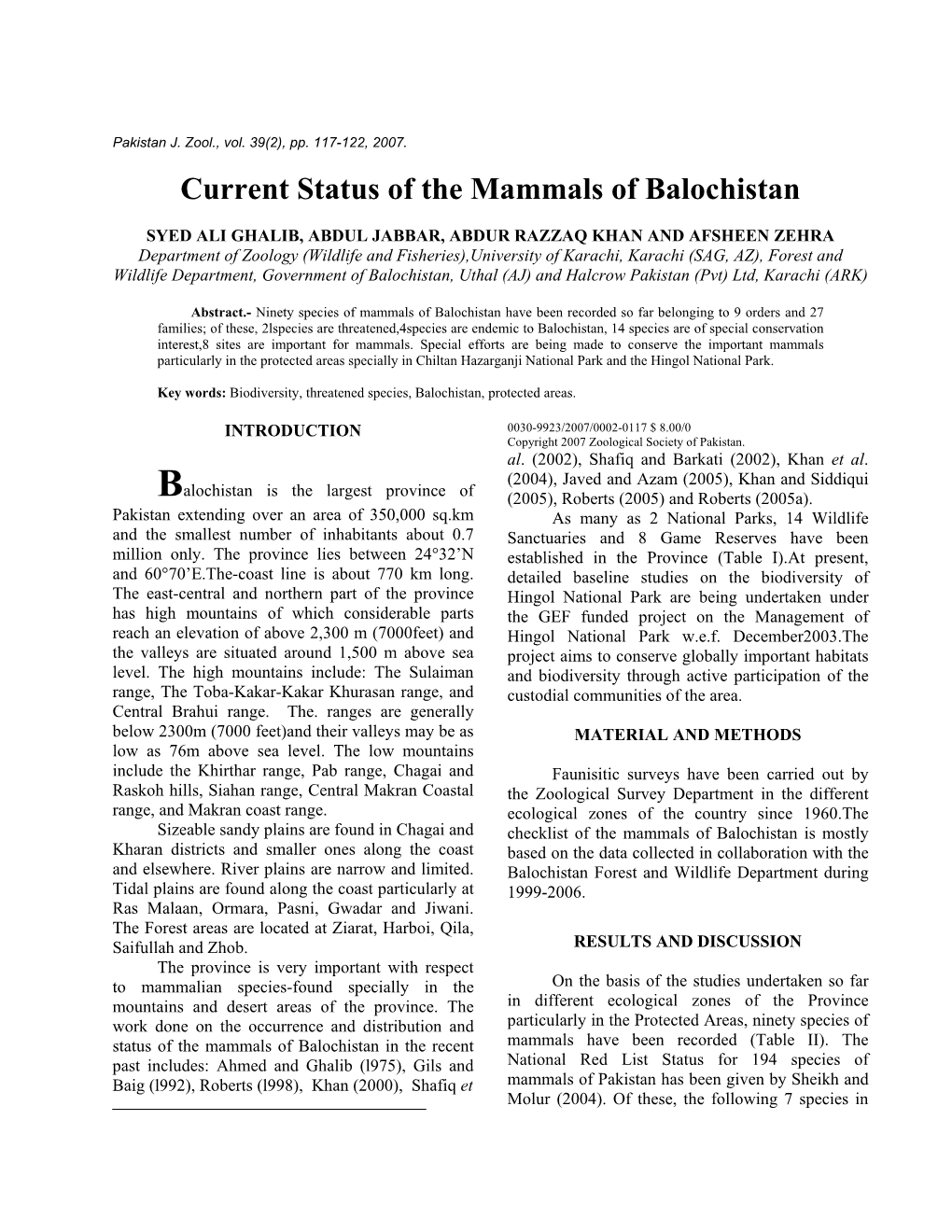 Current Status of the Mammals of Balochistan Author(S)