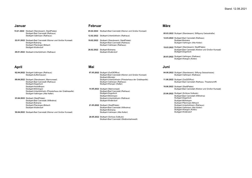 Terminsliste Samstagstrauungen 2022