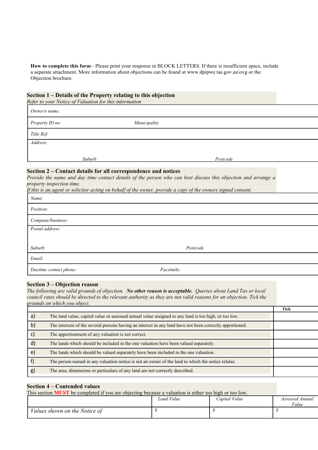 Objection to Valuation Form