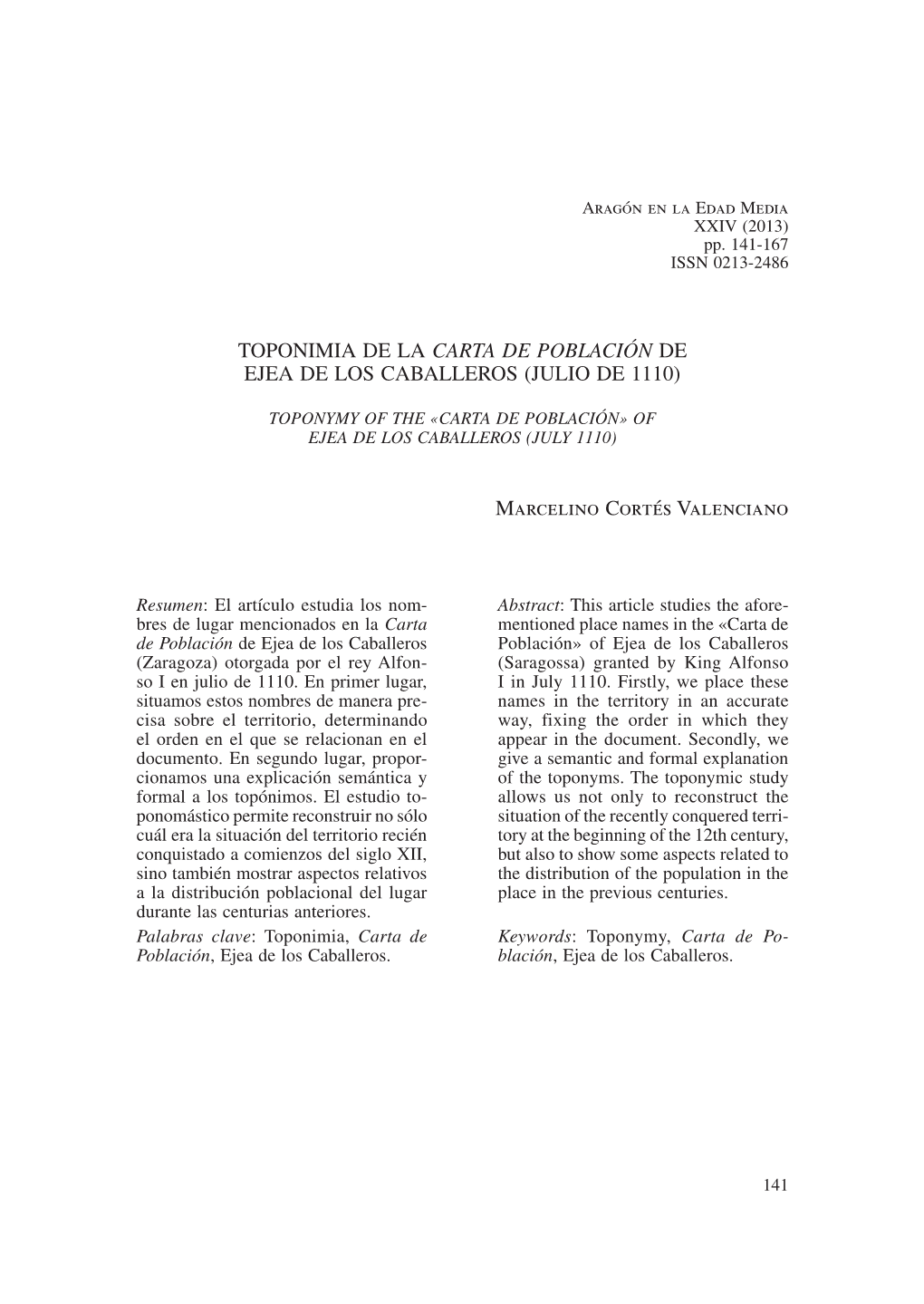 Toponimia De La Carta De Población De Ejea De Los Caballeros (Julio De 1110)